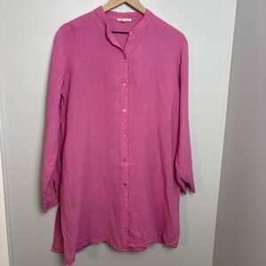 Eileen Fisher Women's Small Mandarin Collar Handkerchief Linen Long Shirt Pink